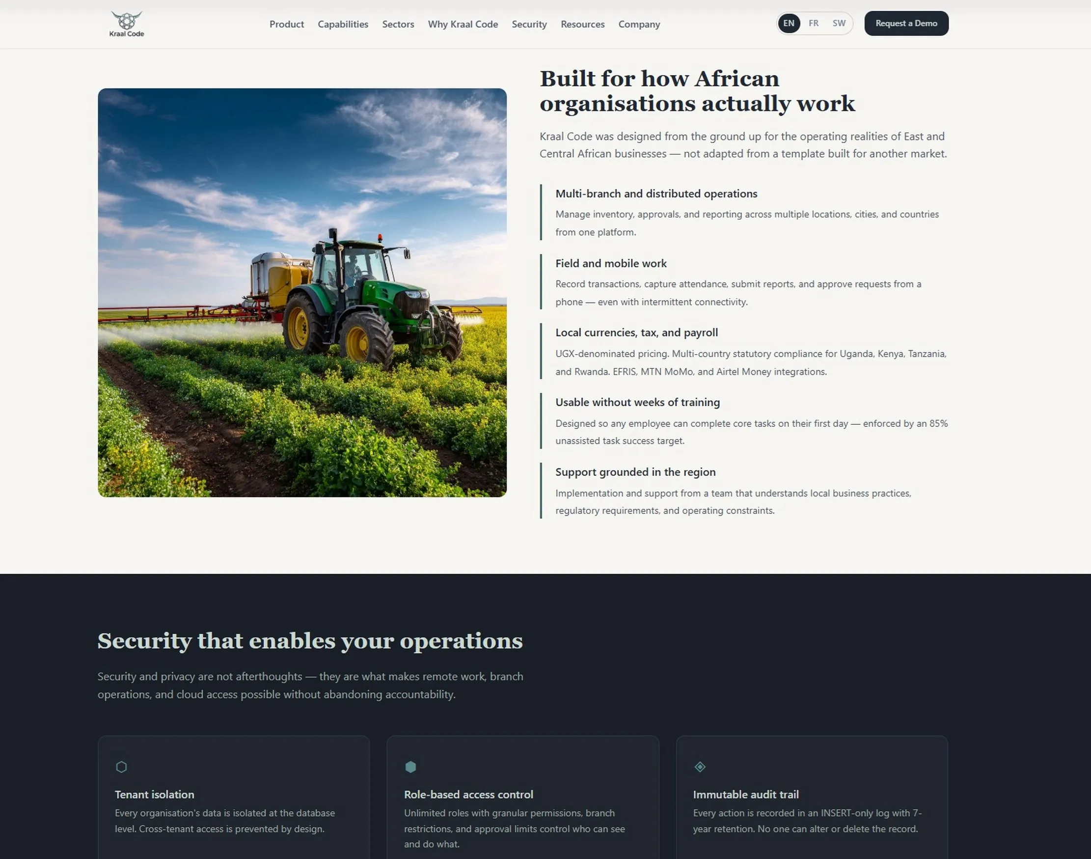 Kraal Code ERP product website in English