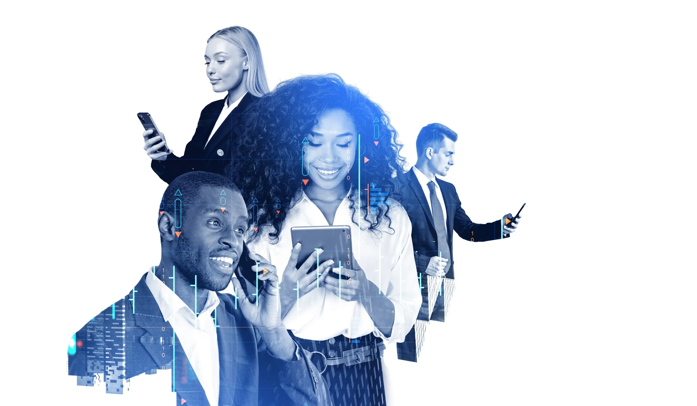 Quatre professionnels utilisant des smartphones, illustrant des clients qui découvrent une entreprise via son site web et la recherche
